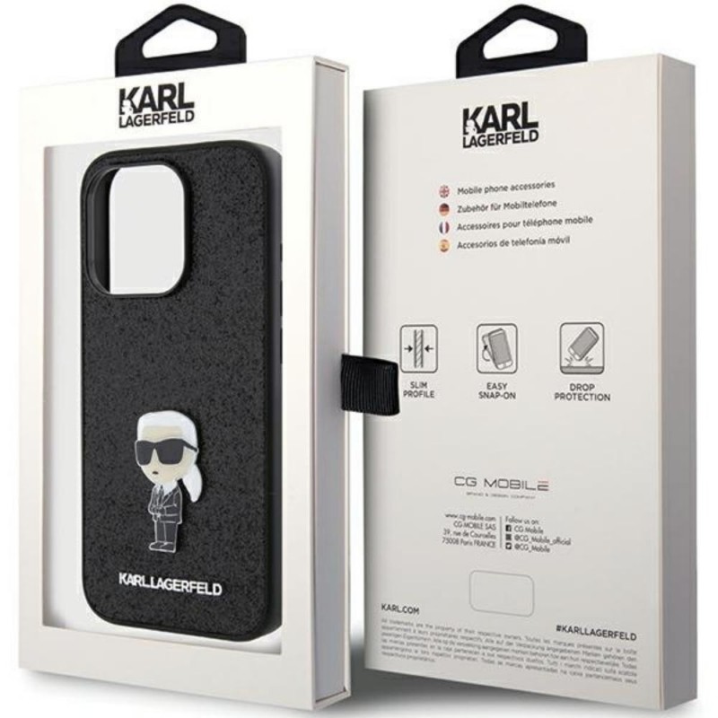 Оригинален кейс Karl Lagerfeld Fixed Glitter Ikonik Logo Metal Pin, За iPhone 15 Pro (6.1), Черен
