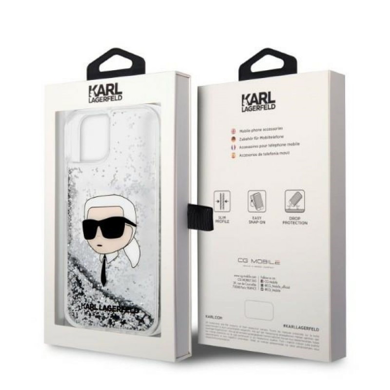 Оригинален кейс Karl Lagerfeld Glitter Karl Head, За iPhone 14 (6.1), Сребрист