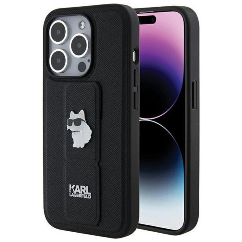 Оригинален кейс Karl Lagerfeld Gripstand Saffiano Choupette Pins, За iPhone 15 Pro (6.1), Черен
