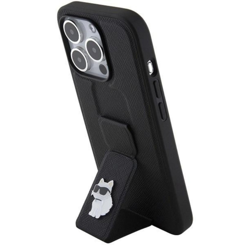 Оригинален кейс Karl Lagerfeld Gripstand Saffiano Choupette Pins, За iPhone 15 Pro (6.1), Черен