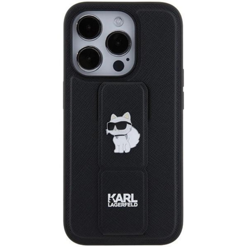 Оригинален кейс Karl Lagerfeld Gripstand Saffiano Choupette Pins, За iPhone 15 Pro (6.1), Черен