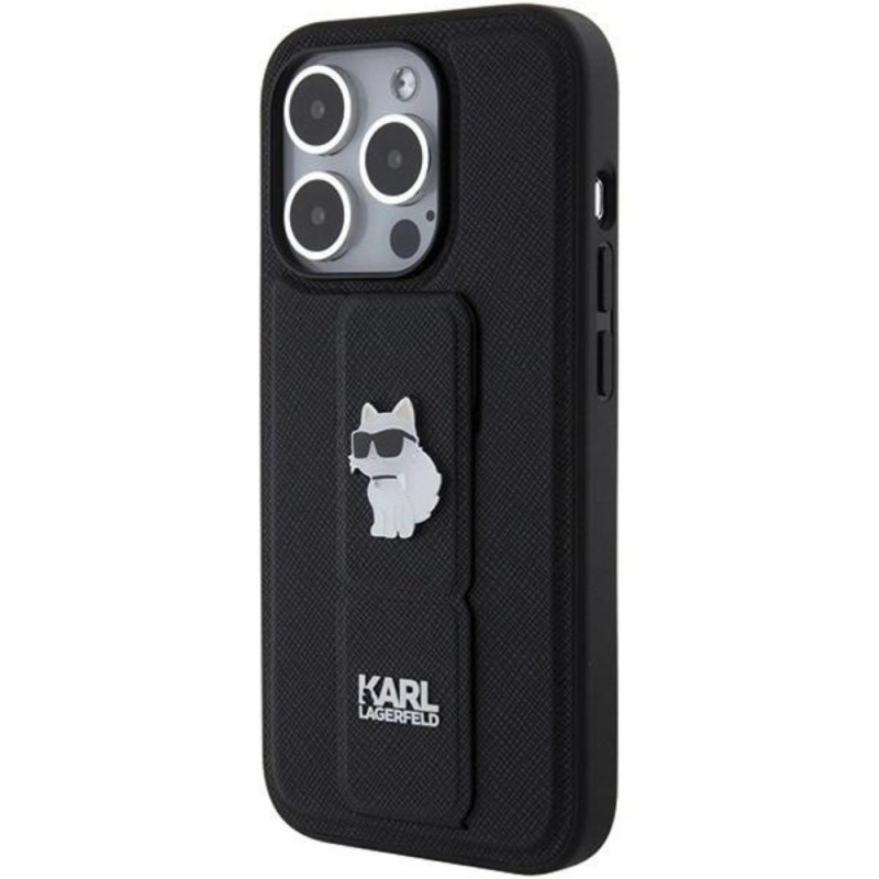 Оригинален кейс Karl Lagerfeld Gripstand Saffiano Choupette Pins, За iPhone 15 Pro (6.1), Черен