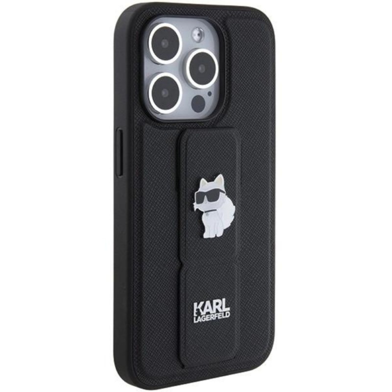 Оригинален кейс Karl Lagerfeld Gripstand Saffiano Choupette Pins, За iPhone 15 Pro (6.1), Черен