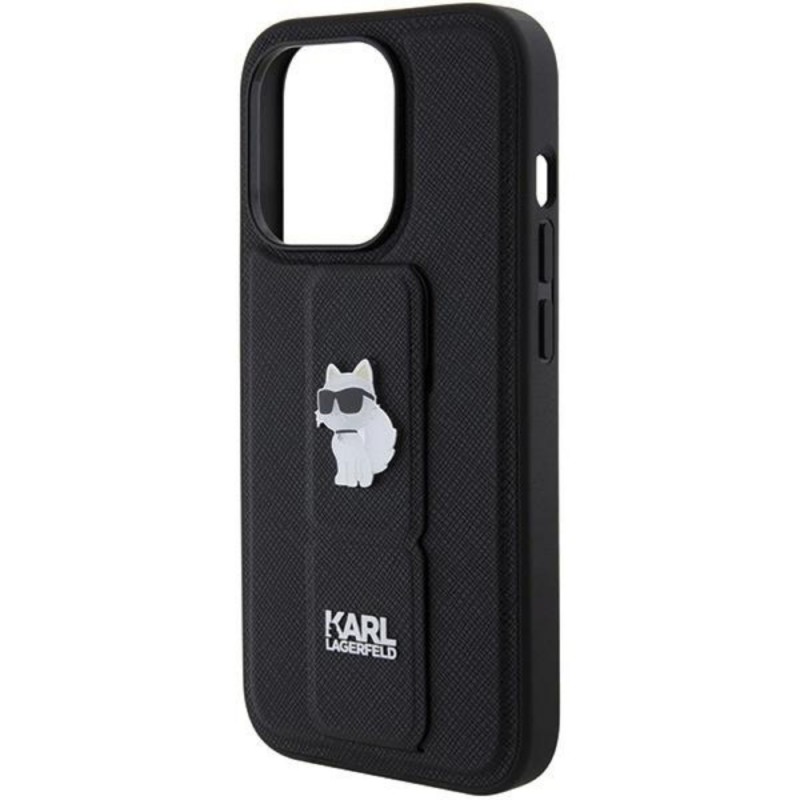 Оригинален кейс Karl Lagerfeld Gripstand Saffiano Choupette Pins, За iPhone 15 Pro (6.1), Черен