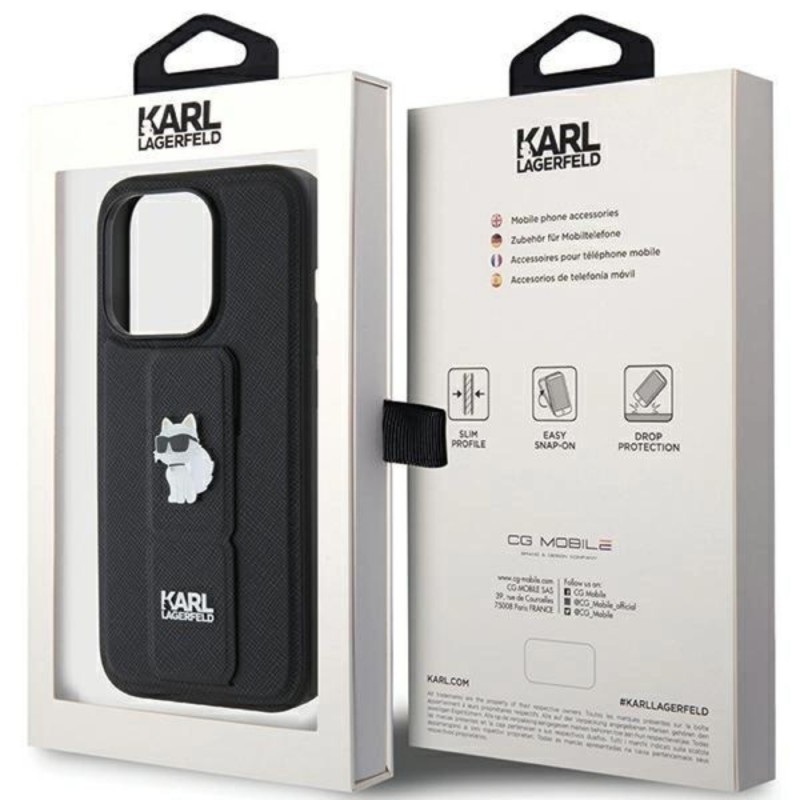 Оригинален кейс Karl Lagerfeld Gripstand Saffiano Choupette Pins, За iPhone 15 Pro (6.1), Черен