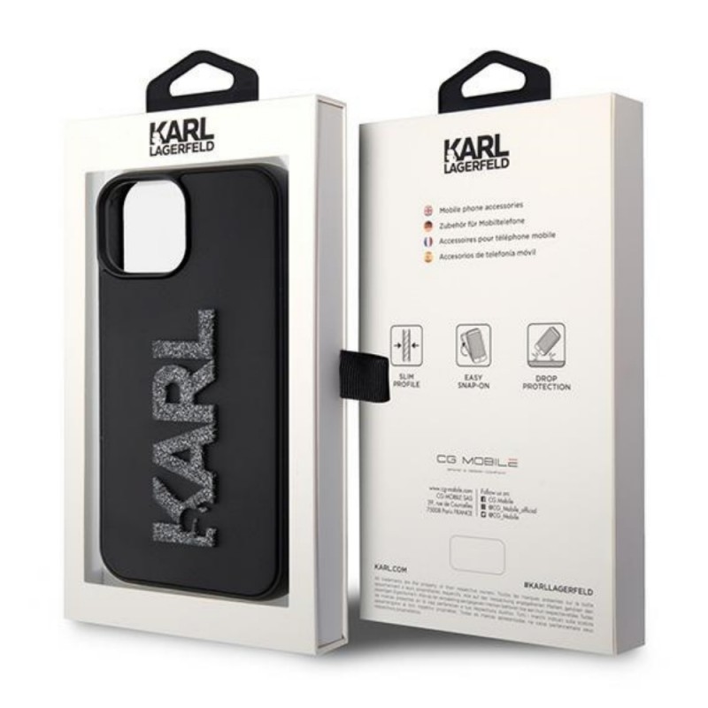 Оригинален кейс Karl Lagerfeld HC 3D Logo Glitter, За iPhone 15 (6.1), Черен