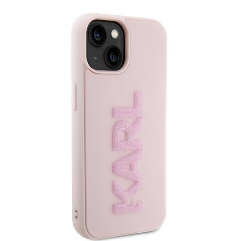 Оригинален кейс Karl Lagerfeld HC 3D Logo Glitter, За iPhone 15 (6.1), Розов