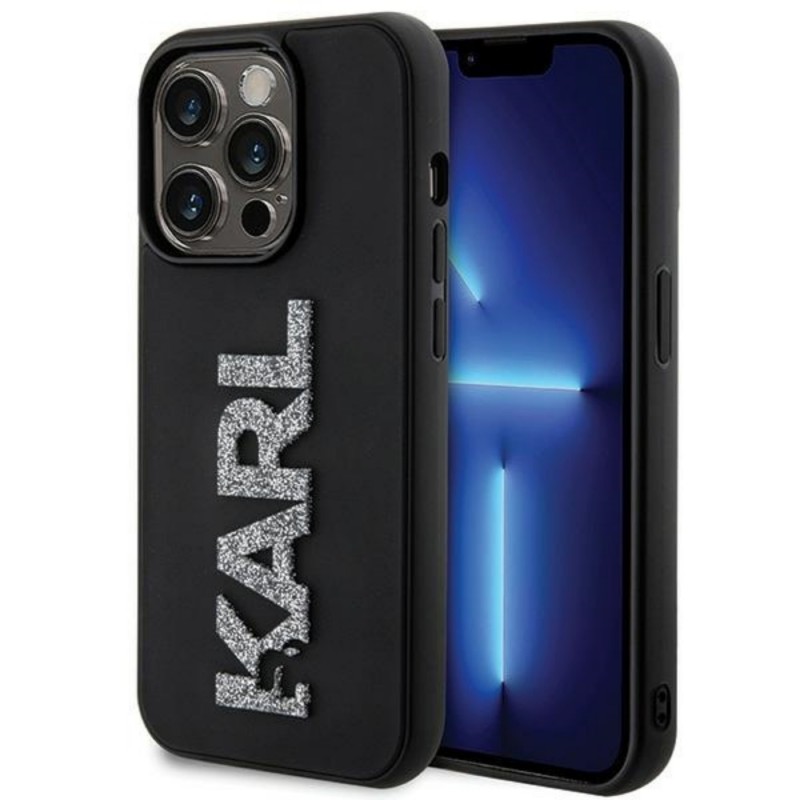 Оригинален кейс Karl Lagerfeld HC 3D Logo Glitter, За iPhone 15 Pro (6.1), Черен
