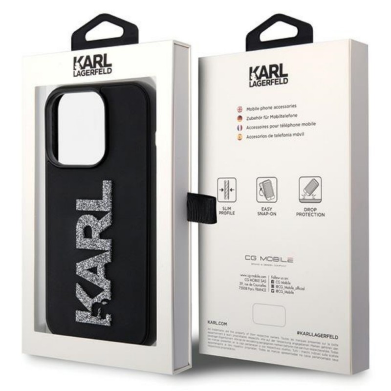 Оригинален кейс Karl Lagerfeld HC 3D Logo Glitter, За iPhone 15 Pro (6.1), Черен