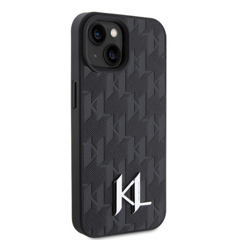 Оригинален кейс Karl Lagerfeld Leather Monogram Hot Stamp Metal Logo, За iPhone 15 (6.1), Черен