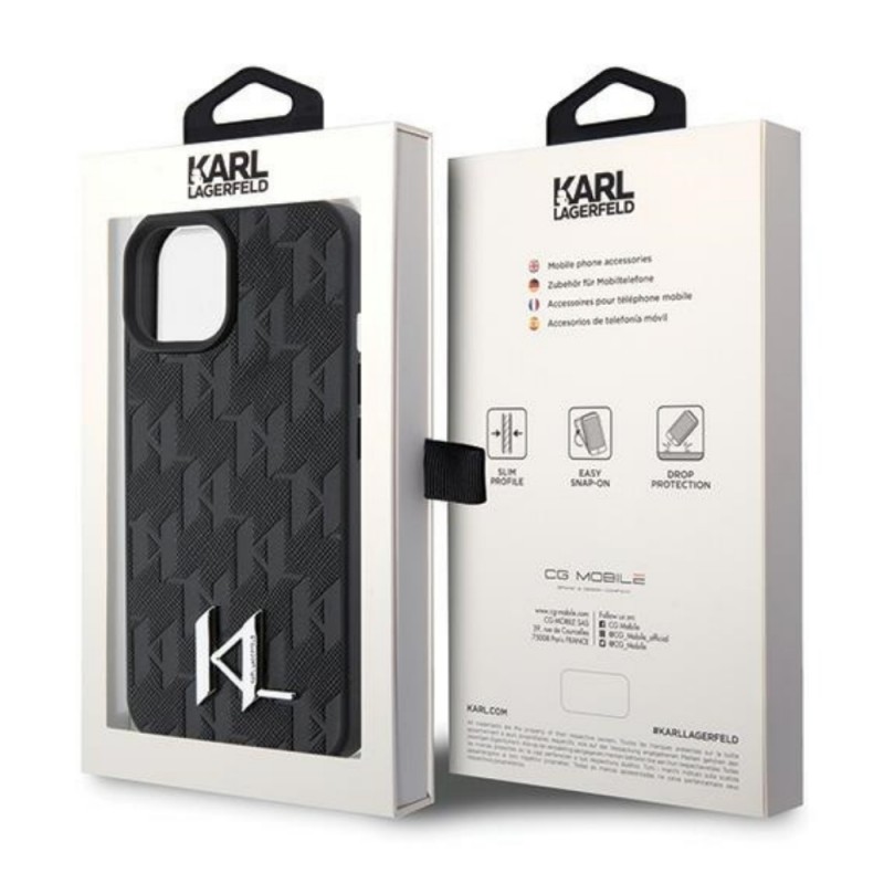 Оригинален кейс Karl Lagerfeld Leather Monogram Hot Stamp Metal Logo, За iPhone 15 (6.1), Черен