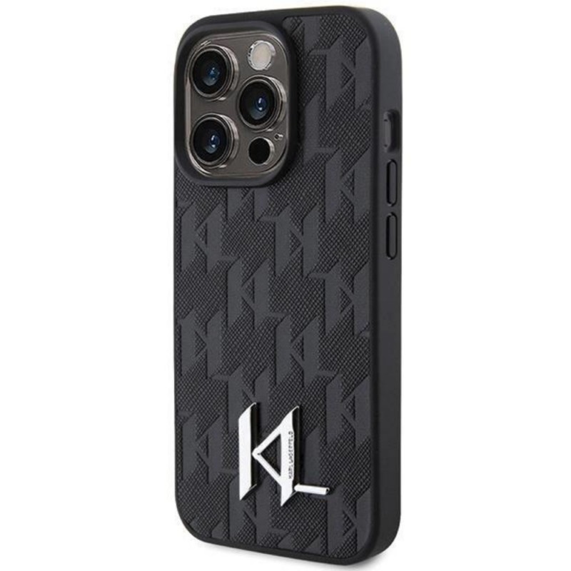 Оригинален кейс Karl Lagerfeld Leather Monogram Hot Stamp Metal Logo, За iPhone 15 Pro (6.1), Черен