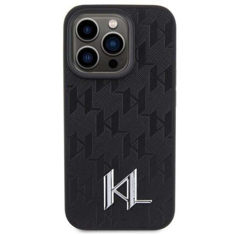 Оригинален кейс Karl Lagerfeld Leather Monogram Hot Stamp Metal Logo, За iPhone 15 Pro (6.1), Черен