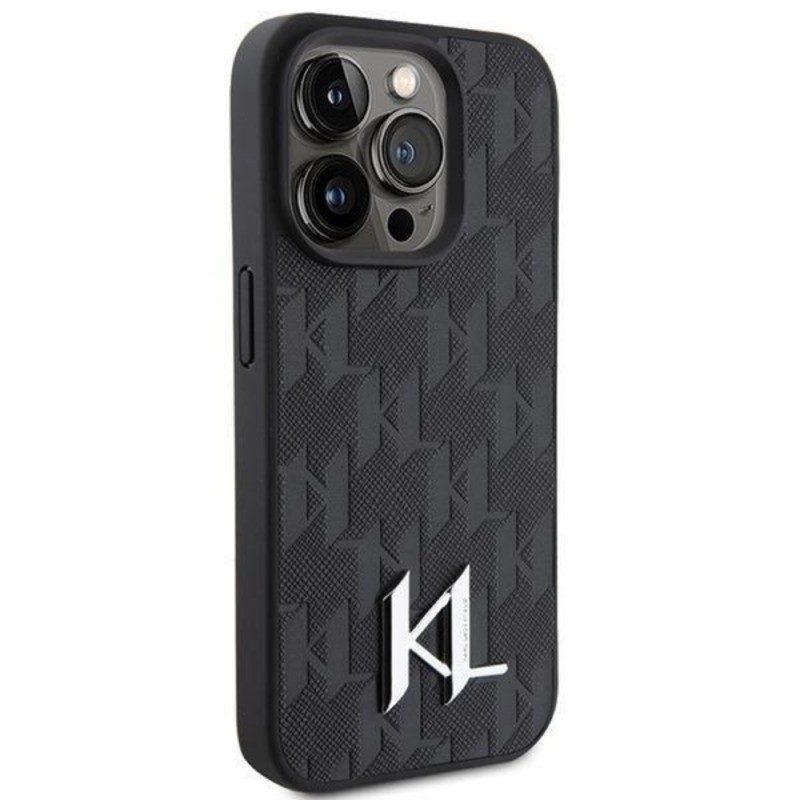 Оригинален кейс Karl Lagerfeld Leather Monogram Hot Stamp Metal Logo, За iPhone 15 Pro (6.1), Черен