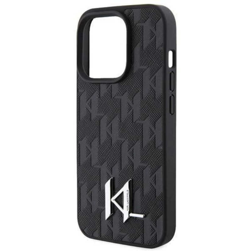 Оригинален кейс Karl Lagerfeld Leather Monogram Hot Stamp Metal Logo, За iPhone 15 Pro (6.1), Черен