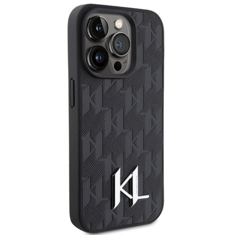 Оригинален кейс Karl Lagerfeld Leather Monogram Hot Stamp Metal Logo, За iPhone 15 Pro Max (6.7), Черен