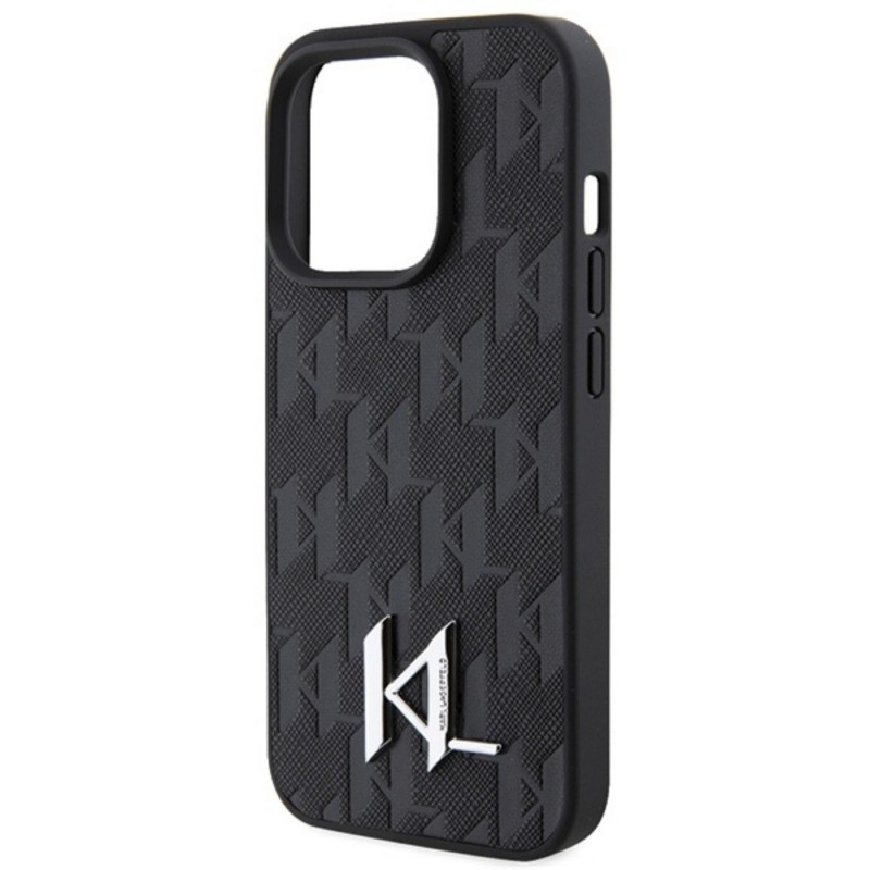 Оригинален кейс Karl Lagerfeld Leather Monogram Hot Stamp Metal Logo, За iPhone 15 Pro Max (6.7), Черен