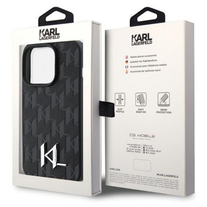Оригинален кейс Karl Lagerfeld Leather Monogram Hot Stamp Metal Logo, За iPhone 15 Pro Max (6.7), Черен