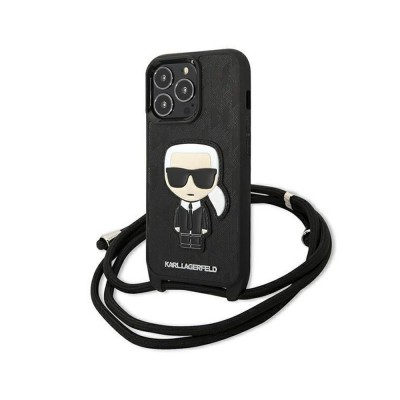 Оригинален кейс Karl Lagerfeld Leather Monogram Patch and Cord Iconik, За iPhone 13 Pro (6.1), Черен