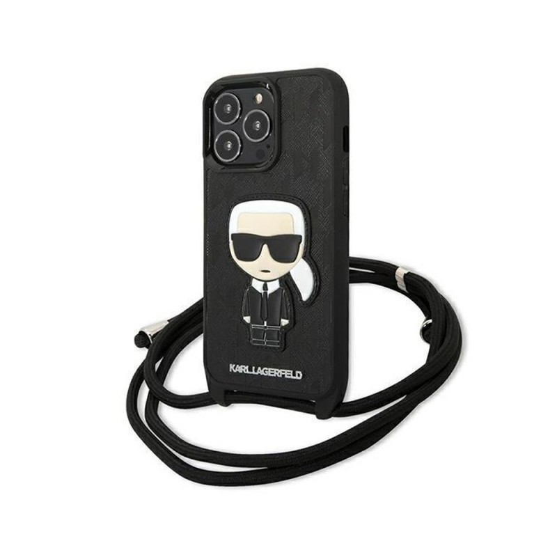Оригинален кейс Karl Lagerfeld Leather Monogram Patch and Cord Iconik, За iPhone 13 Pro (6.1), Черен