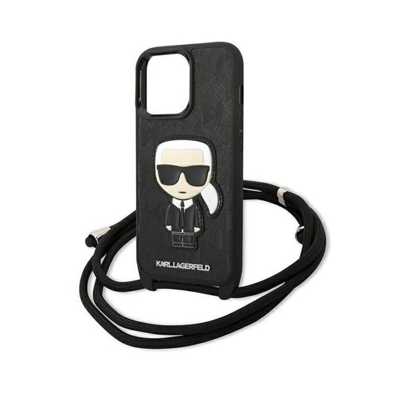 Оригинален кейс Karl Lagerfeld Leather Monogram Patch and Cord Iconik, За iPhone 13 Pro (6.1), Черен