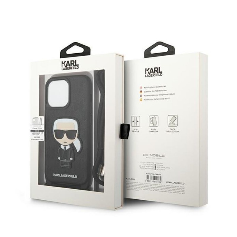 Оригинален кейс Karl Lagerfeld Leather Monogram Patch and Cord Iconik, За iPhone 13 Pro (6.1), Черен