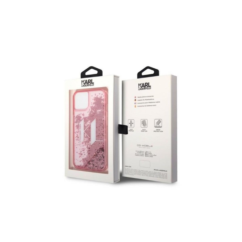 Оригинален кейс Karl Lagerfeld Liquid Glitter Big KL, За iPhone 14 (6.1), Розов