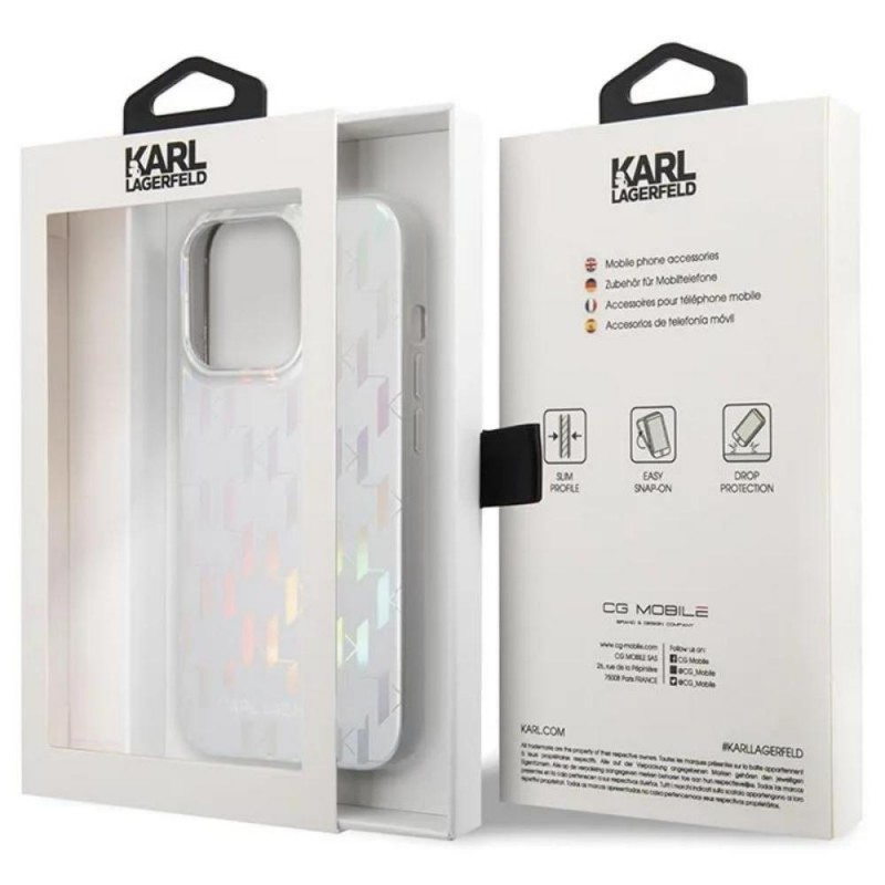 Оригинален кейс Karl Lagerfeld Monogram Iridescent, За iPhone 14 Pro (6.1), Сребрист