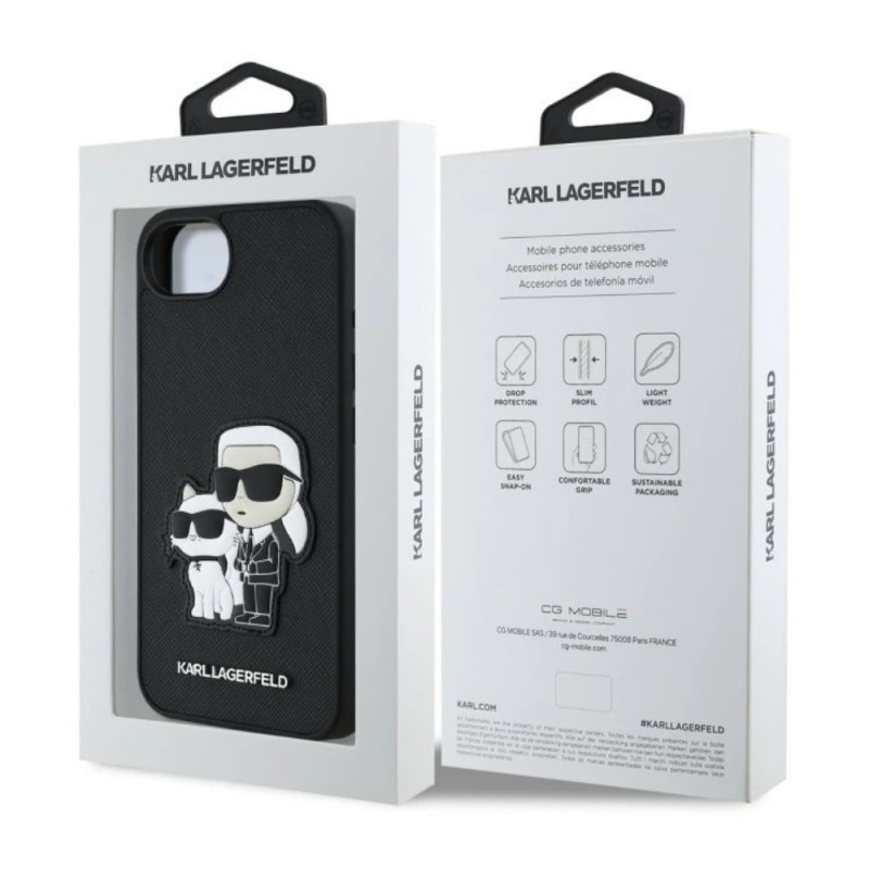 Оригинален кейс Karl Lagerfeld Saffiano Karl and Choupette, За iPhone 16e, Черен