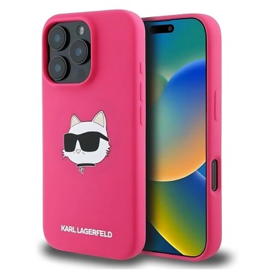 Оригинален кейс Karl Lagerfeld Silicone Choupette Head MagSafe, За iPhone 16 Pro (6.3), Тъмнорозов