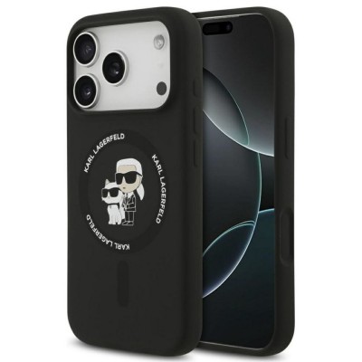 Оригинален кейс Karl Lagerfeld Silicone Double Heads And Circle MagSafe, За iPhone 17 Pro (6.3), Черен