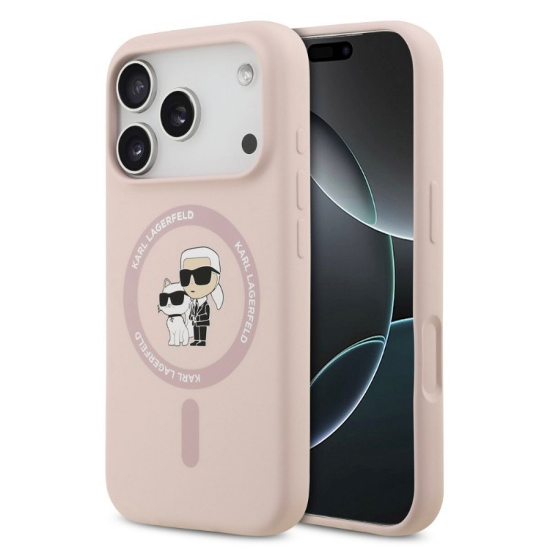 Оригинален кейс Karl Lagerfeld Silicone Double Heads And Circle MagSafe, За iPhone 17 Pro (6.3), Розов