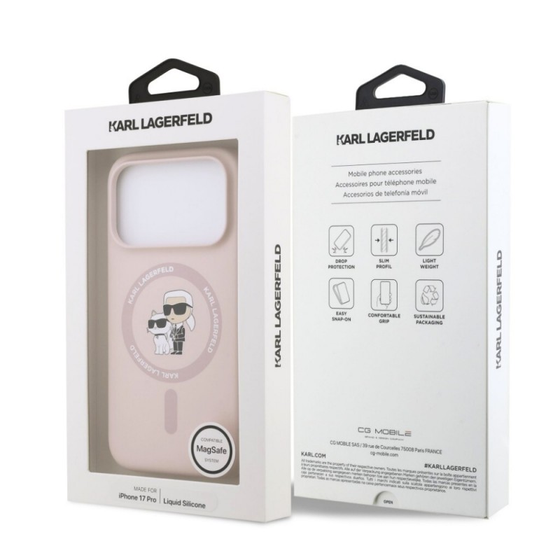 Оригинален кейс Karl Lagerfeld Silicone Double Heads And Circle MagSafe, За iPhone 17 Pro (6.3), Розов