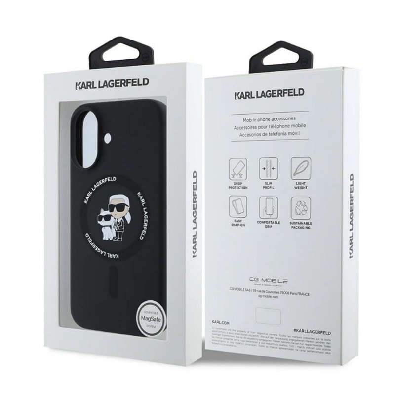 Оригинален кейс Karl Lagerfeld Silicone Karl and Choupette Heads MagSafe, За iPhone 16 (6.1), Черен