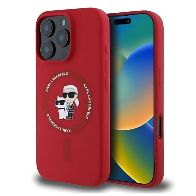 Оригинален кейс Karl Lagerfeld Silicone Karl and Choupette Heads MagSafe, За iPhone 16 Pro (6.3), Червен