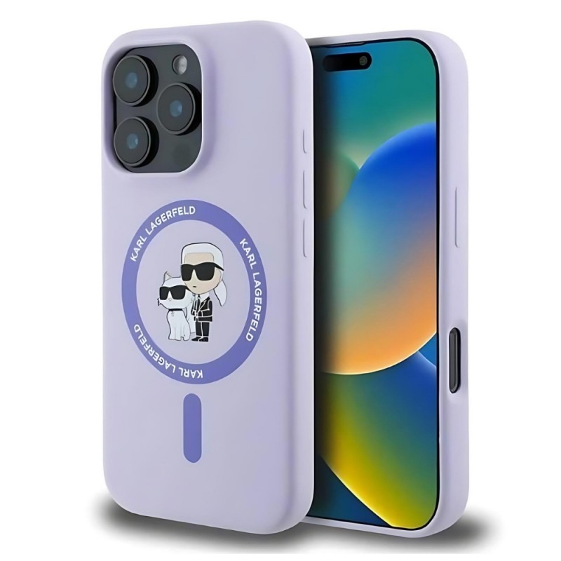 Оригинален кейс Karl Lagerfeld Silicone Karl and Choupette Heads MagSafe, За iPhone 16 Pro Max (6.9), Светлолилав
