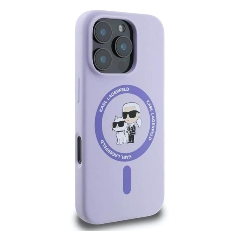 Оригинален кейс Karl Lagerfeld Silicone Karl and Choupette Heads MagSafe, За iPhone 16 Pro Max (6.9), Светлолилав