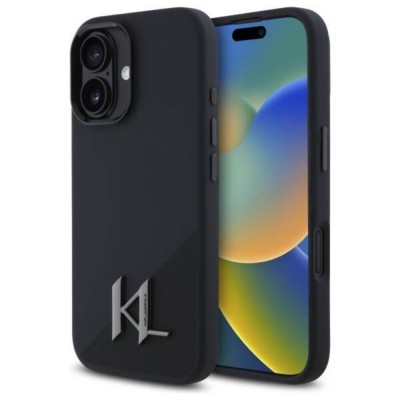 Оригинален кейс Karl Lagerfeld Silicone Shadow Metal Initial MagSafe, За iPhone 16 (6.1), Черен