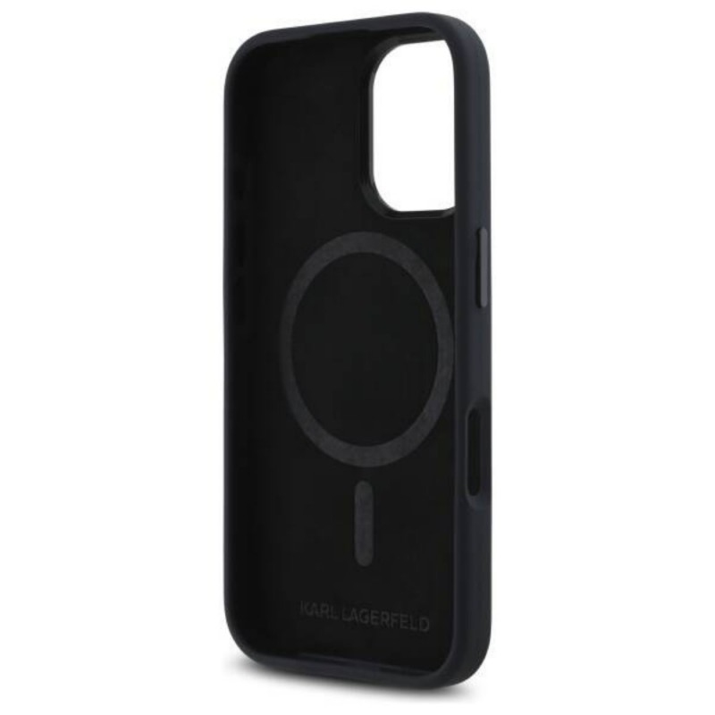 Оригинален кейс Karl Lagerfeld Silicone Shadow Metal Initial MagSafe, За iPhone 16 (6.1), Черен
