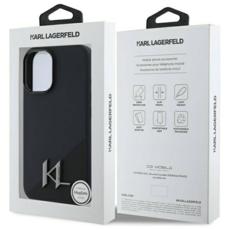 Оригинален кейс Karl Lagerfeld Silicone Shadow Metal Initial MagSafe, За iPhone 16 (6.1), Черен
