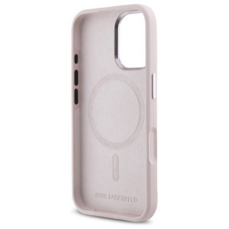 Оригинален кейс Karl Lagerfeld Silicone Shadow Metal Initial MagSafe, За iPhone 16 (6.1), Розов