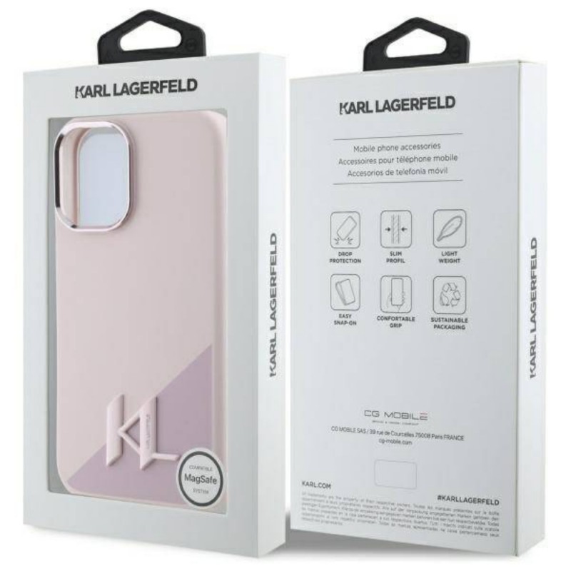 Оригинален кейс Karl Lagerfeld Silicone Shadow Metal Initial MagSafe, За iPhone 16 (6.1), Розов