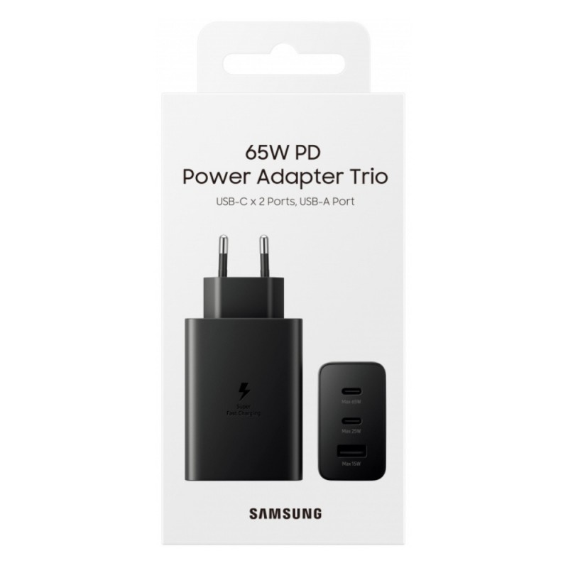 Оригинално зарядно устройство Samsung EP-T6530NBEGEU 65W, 3.5A, 1x USB-A - 2x Type C, Super Fast Charging в кутия, Черно