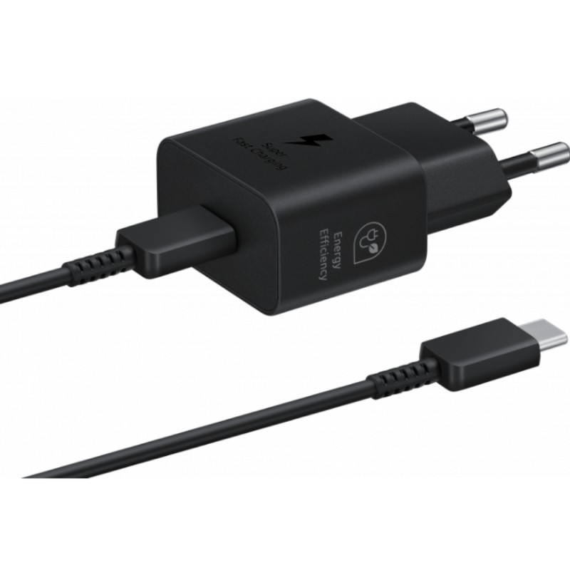 Оригинално мрежово зарядно устройство комплект Samsung EP-T2510XBEGEU, 25W, 3A, 1 x USB-C, с USB-C кабел, Черно