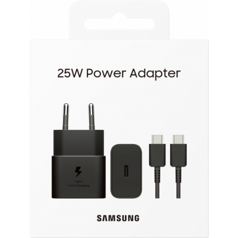 Оригинално мрежово зарядно устройство комплект Samsung EP-T2510XBEGEU, 25W, 3A, 1 x USB-C, с USB-C кабел, Черно