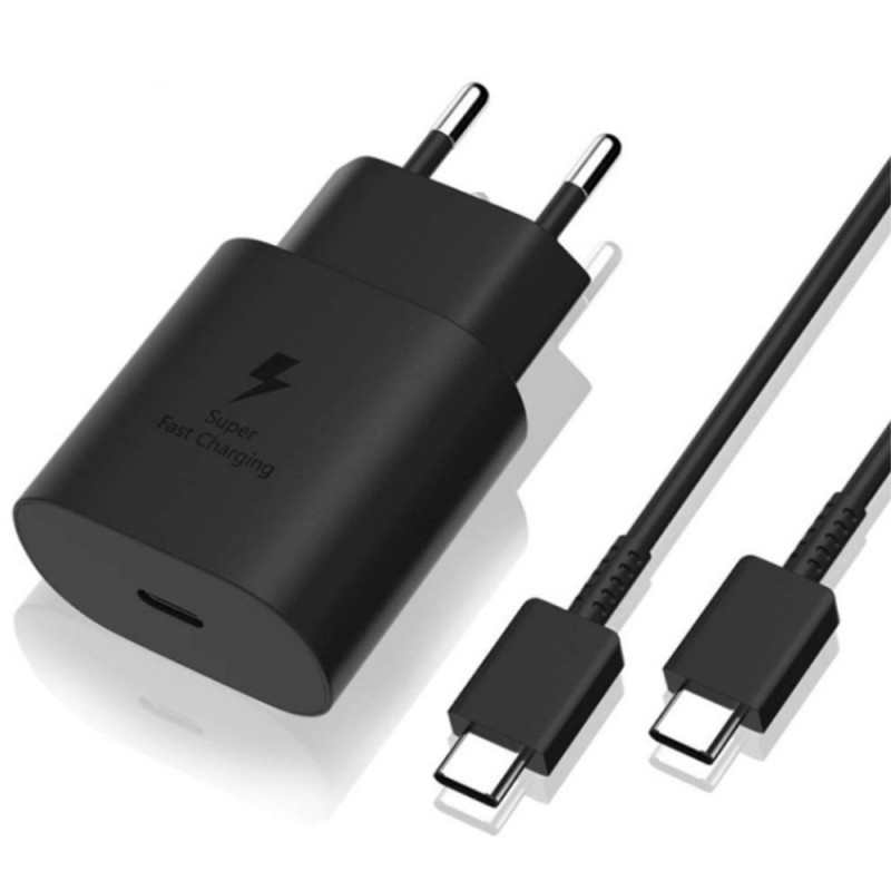 Оригинално мрежово зарядно устройство комплект Samsung EP-TA800B + DA705BBE, 25W, 3A, 1 x USB-C, с USB-C кабел, в плик, Черно
