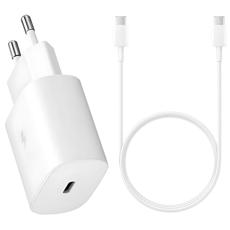 Оригинално мрежово зарядно устройство комплект Samsung EP-TA800W + DA705BWE, 25W, 3A, 1 x USB-C, с USB-C кабел, в плик, Бяло