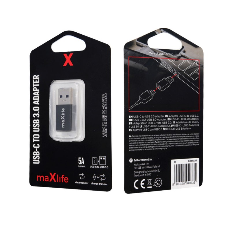 Адаптер Maxlife, Type C към USB 3.0, Черен