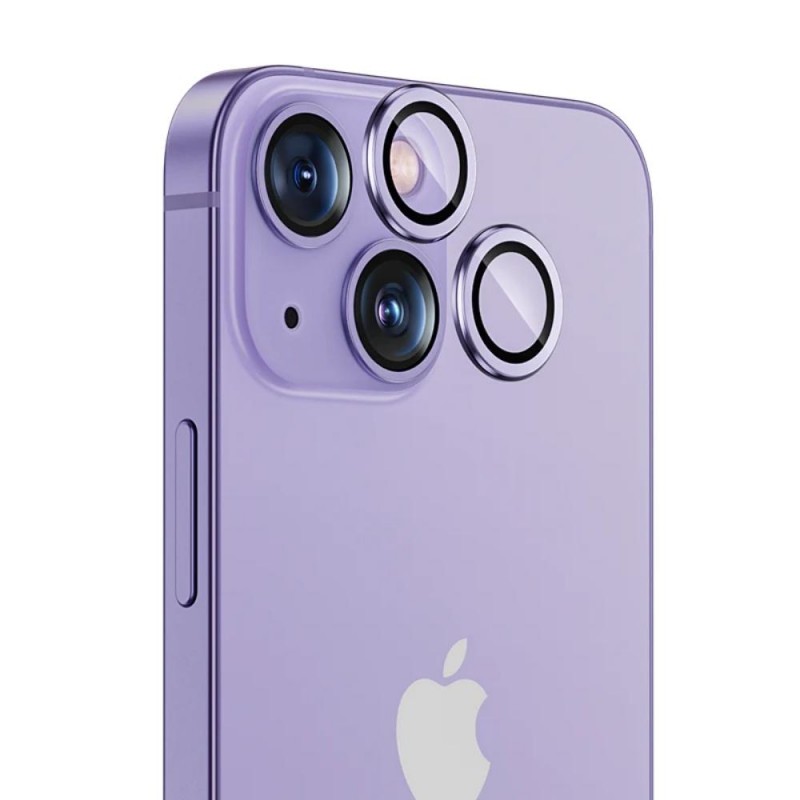 Стъклен протектор с метални рингове за задна камера MBX за Apple iPhone 14, 14 Plus, Лилав
