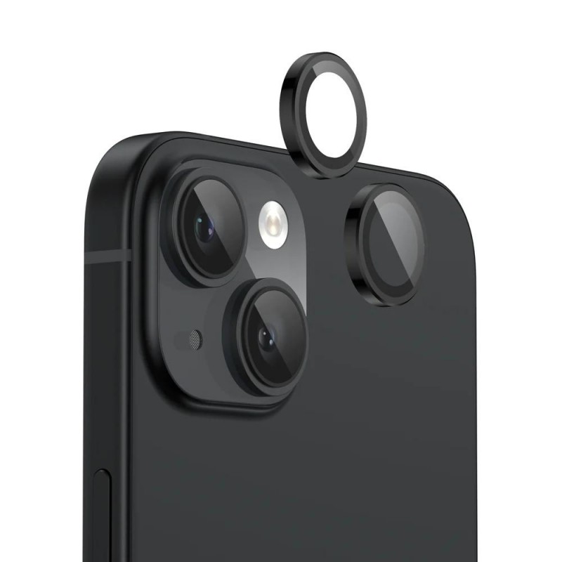 Стъклен протектор с метални рингове за задна камера MBX за Apple iPhone 15, 15 Plus, Черен